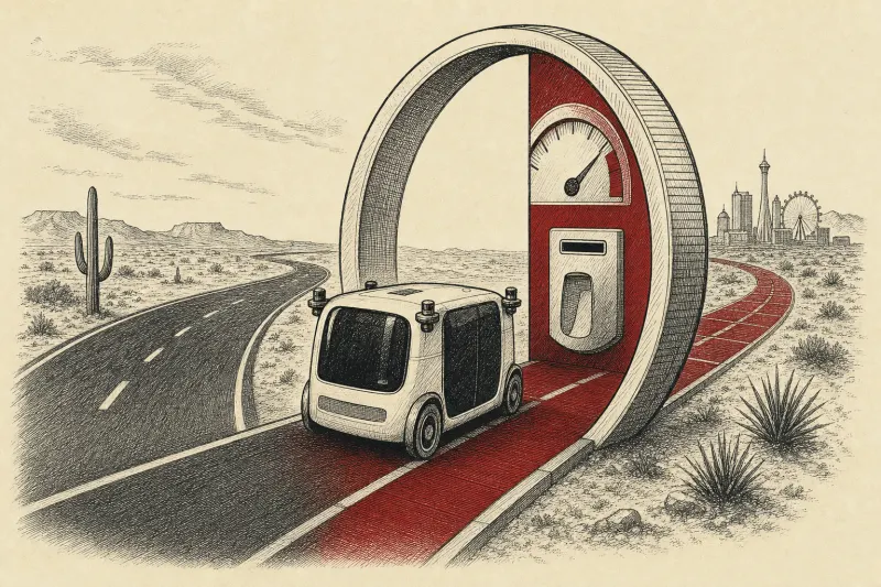 A driverless cube crossing a coin-shaped gateway onto a metered road.